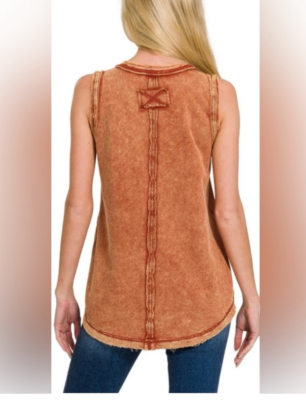 Zenana Sz Sm Washed Half-Button Raw Edge Sleeveless Henley Tank Top-Rust Orange - Picture 4 of 6